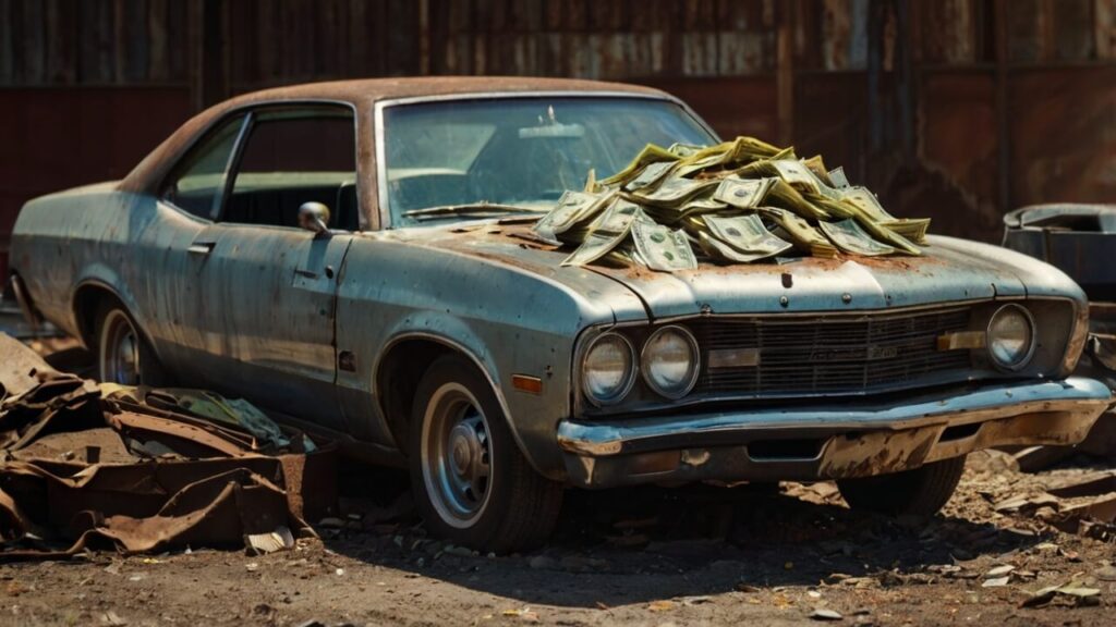 Pile of cash next to a rusty car with "Cash for Scrap Cars" sign