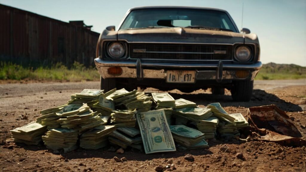 Appraiser evaluating a junk car with visible cash reward