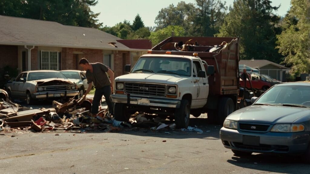 Worker loading a junk car onto a tow truck for cash payment