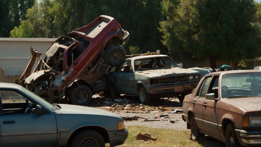 A tow truck picking up an old scrap car in a suburban area