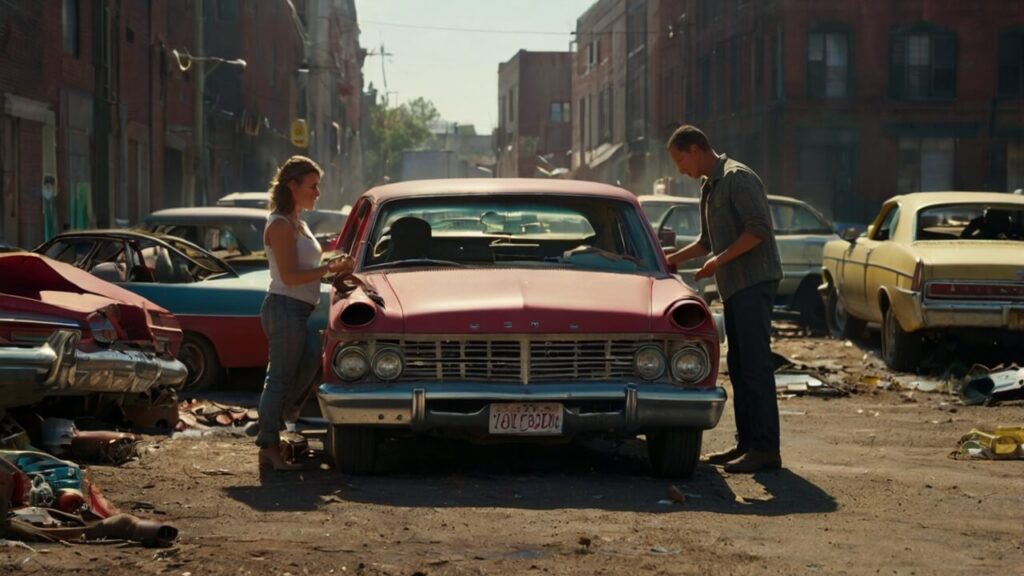 Owner receiving cash from a junk car buyer in a junkyard