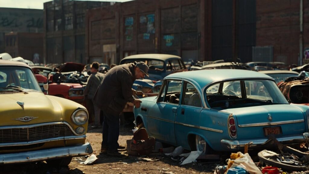 Rows of old scrap cars in a busy junkyard with cash transaction