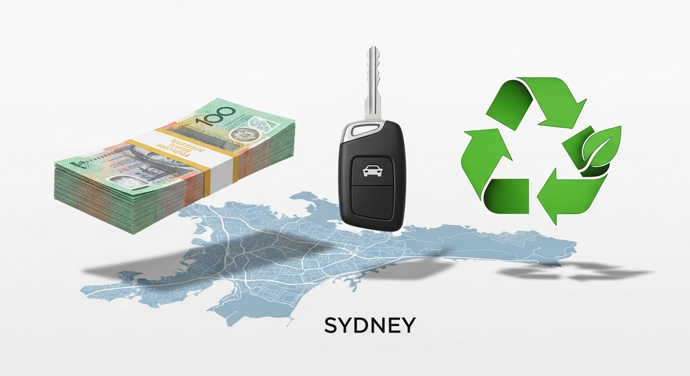 Graphic symbolizing cash, car keys, and responsible recycling services in Sydney.
