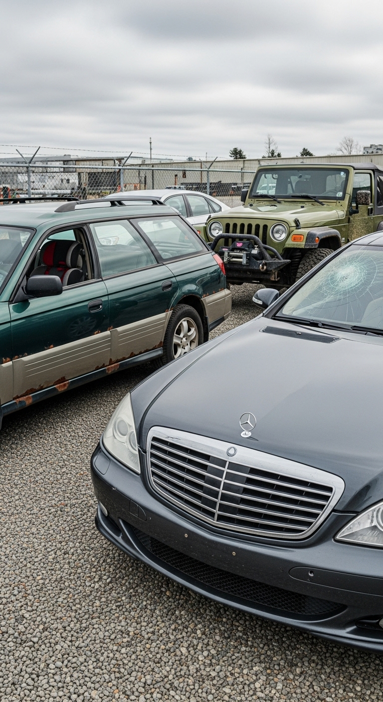 Diverse range of vehicles, including luxury cars and damaged vehicles, awaiting cash for cars removal in Sydney's Eastern Suburbs.