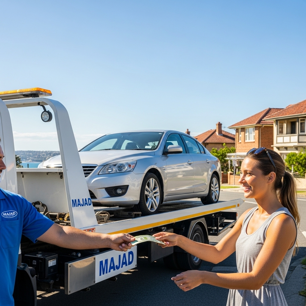 Majad Auto Wreckers tow truck picking up an unwanted car in Coogee, with cash being exchanged to a happy customer.