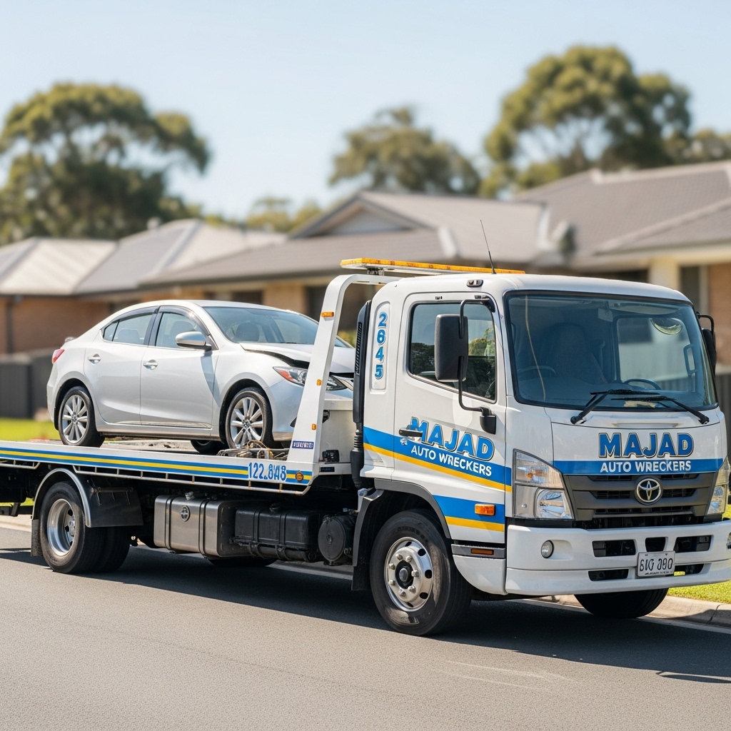 Majad Auto Wreckers tow truck picking up a car in Denistone East, offering cash for cars and free removal.
