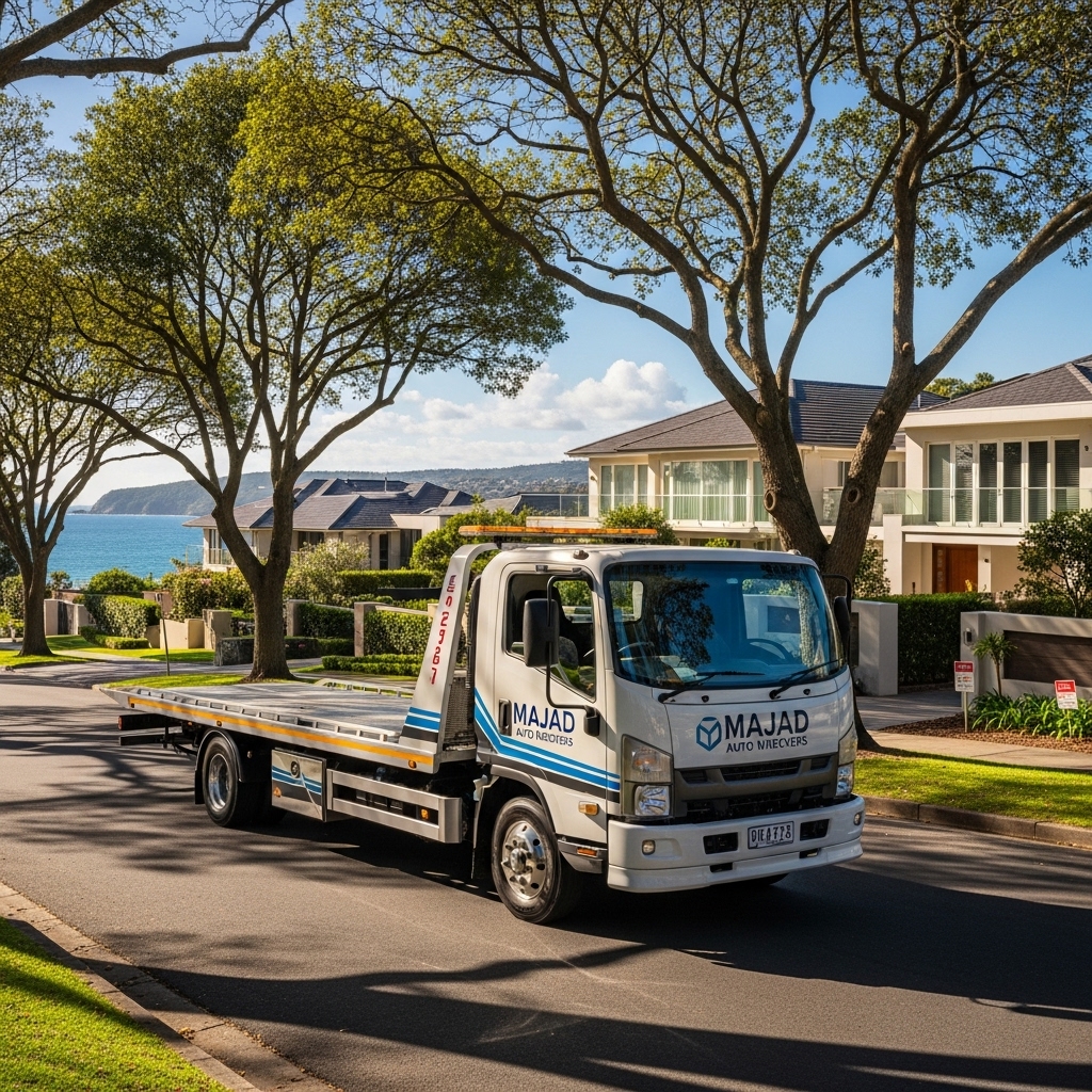 Professional tow truck driving through a high-end street in Dover Heights, Sydney, for cash for cars service.