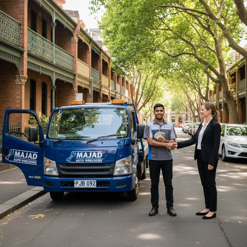 Expert team paying instant cash for a scrap car using a specialized tow truck in Forest Lodge, Sydney.