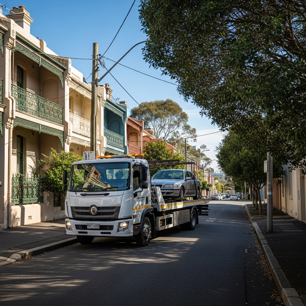 Professional tow truck removing an unwanted car from a narrow Glebe street, showcasing efficient cash for cars service in Inner West Sydney.