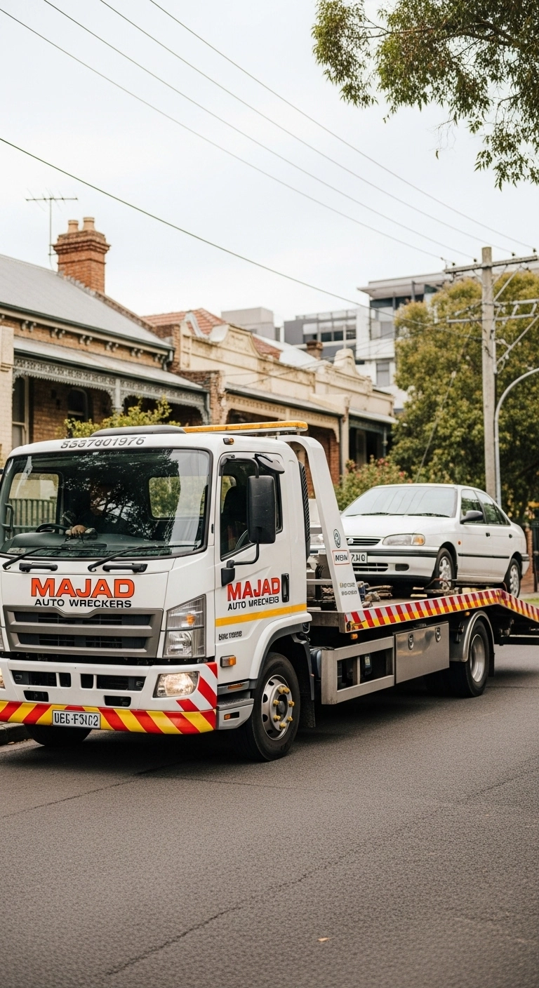 Majad Auto Wreckers tow truck removing an old car from a residential street in Lewisham, Inner West Sydney, emphasizing efficient cash for cars and car removal service.