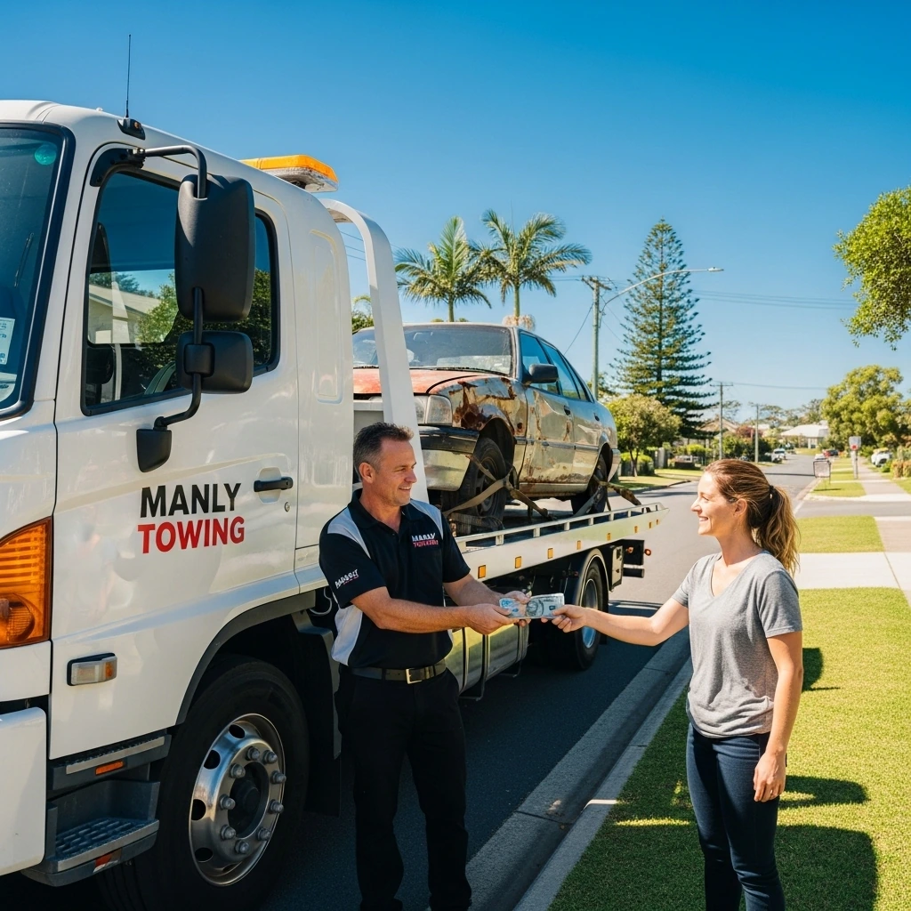 Top-rated tow truck service offering instant CASH for CARS in MANLY with a driver handing cash to a customer.