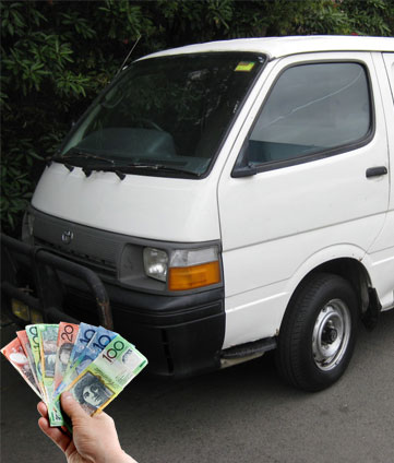 White Toyota van with Australian cash notes for cash for utes Sydney