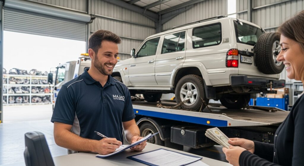 Professional Majad Auto Wreckers technician explaining paperwork to a happy customer with cash, with a tow truck loading a 4WD in the background.