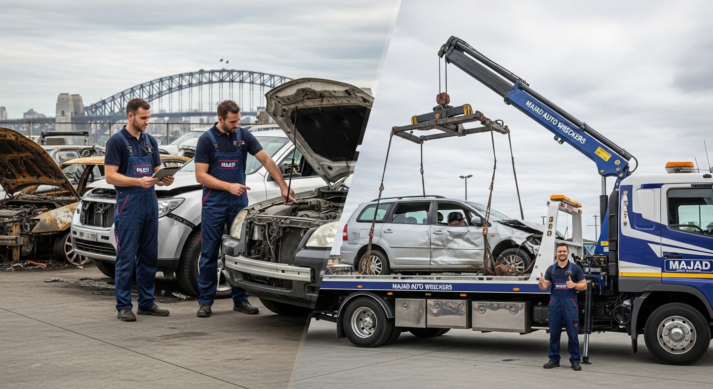 A split image or collage showing diverse accident vehicles (sedan, SUV, truck) being assessed by professional mechanics, with a background hint of Sydney.