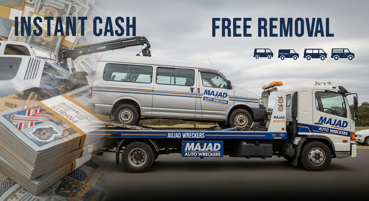Majad Auto Wreckers tow truck removing a commercial van with overlays of cash and diverse vehicle types, summarizing key service features.