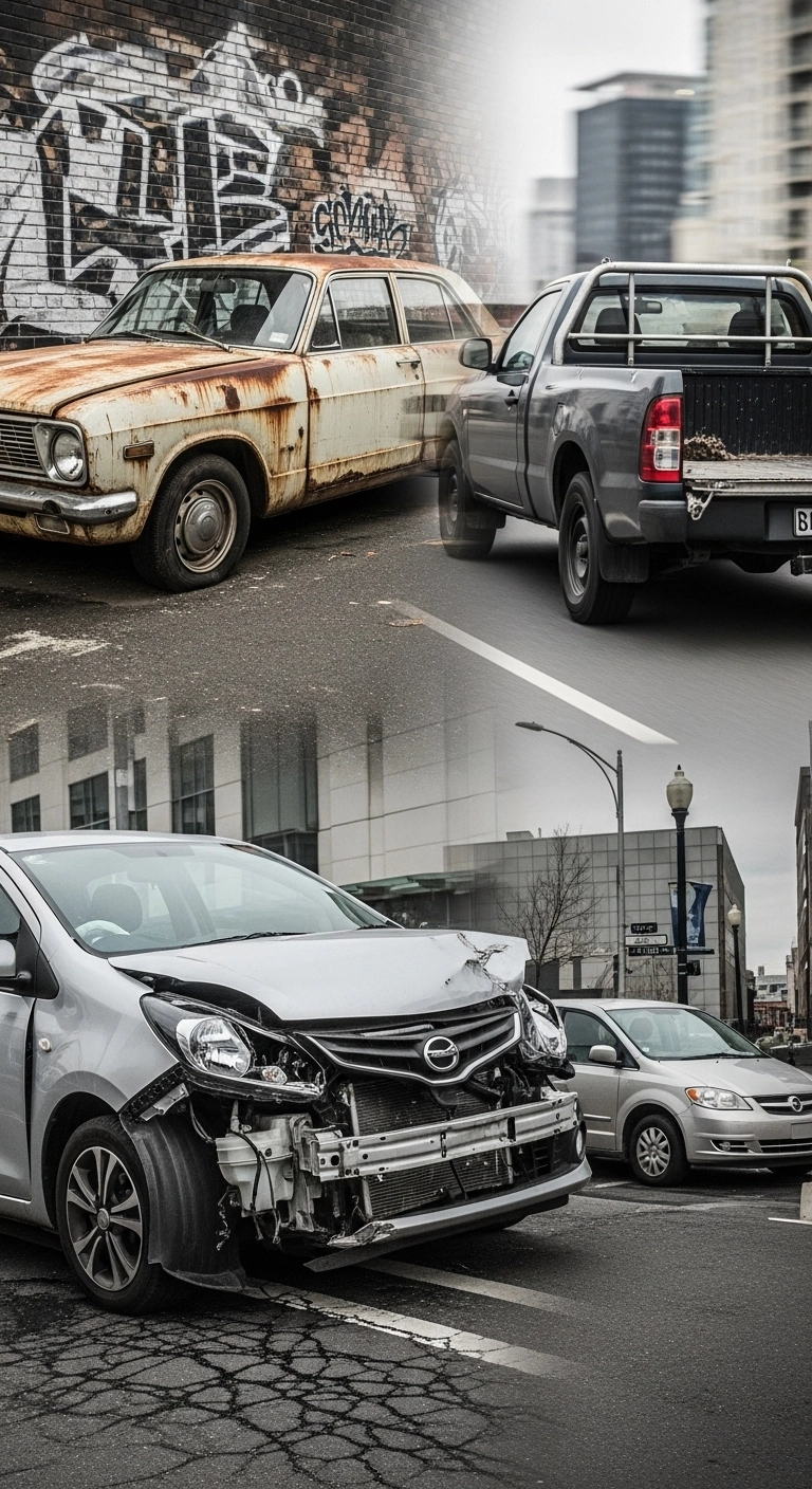 Collage of diverse vehicles including damaged cars, old sedans, and utes, illustrating Majad Auto Wreckers buys all car types and conditions in the Inner West.