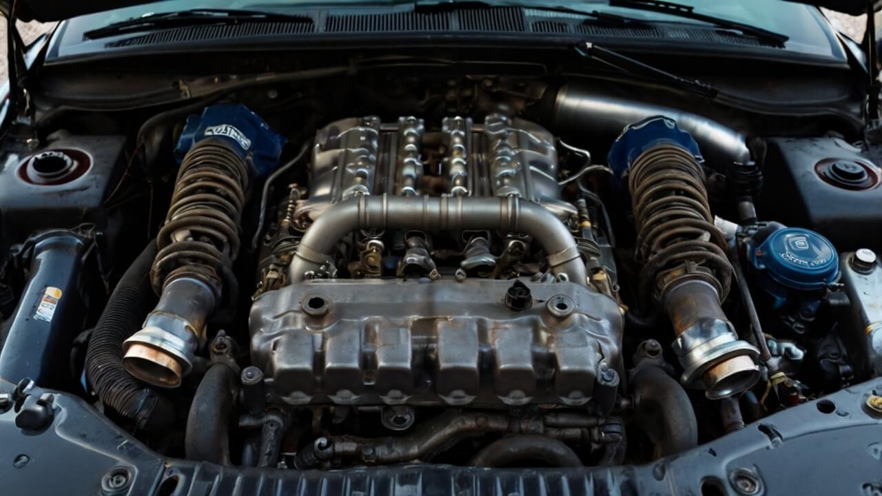 Severely damaged car engine showing mechanical failure