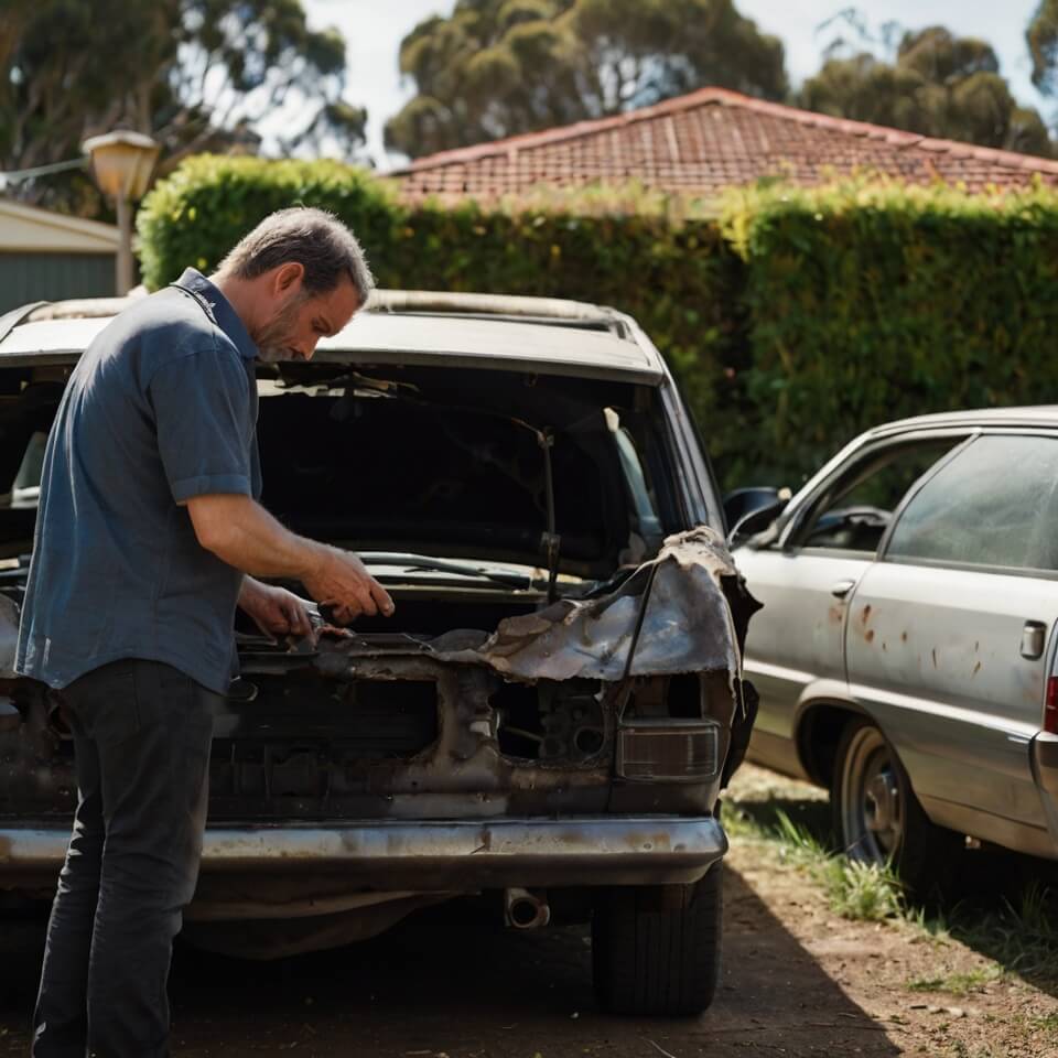 Car owner inspecting a damaged vehicle at home