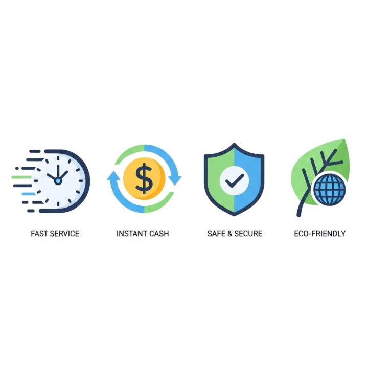 Icons illustrating benefits of car removal services: fast, cash payment, secure, and eco-friendly.