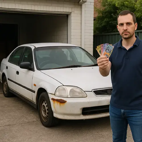 Man holding cash beside an old damaged car during a Cash for Cars Mascot removal service.