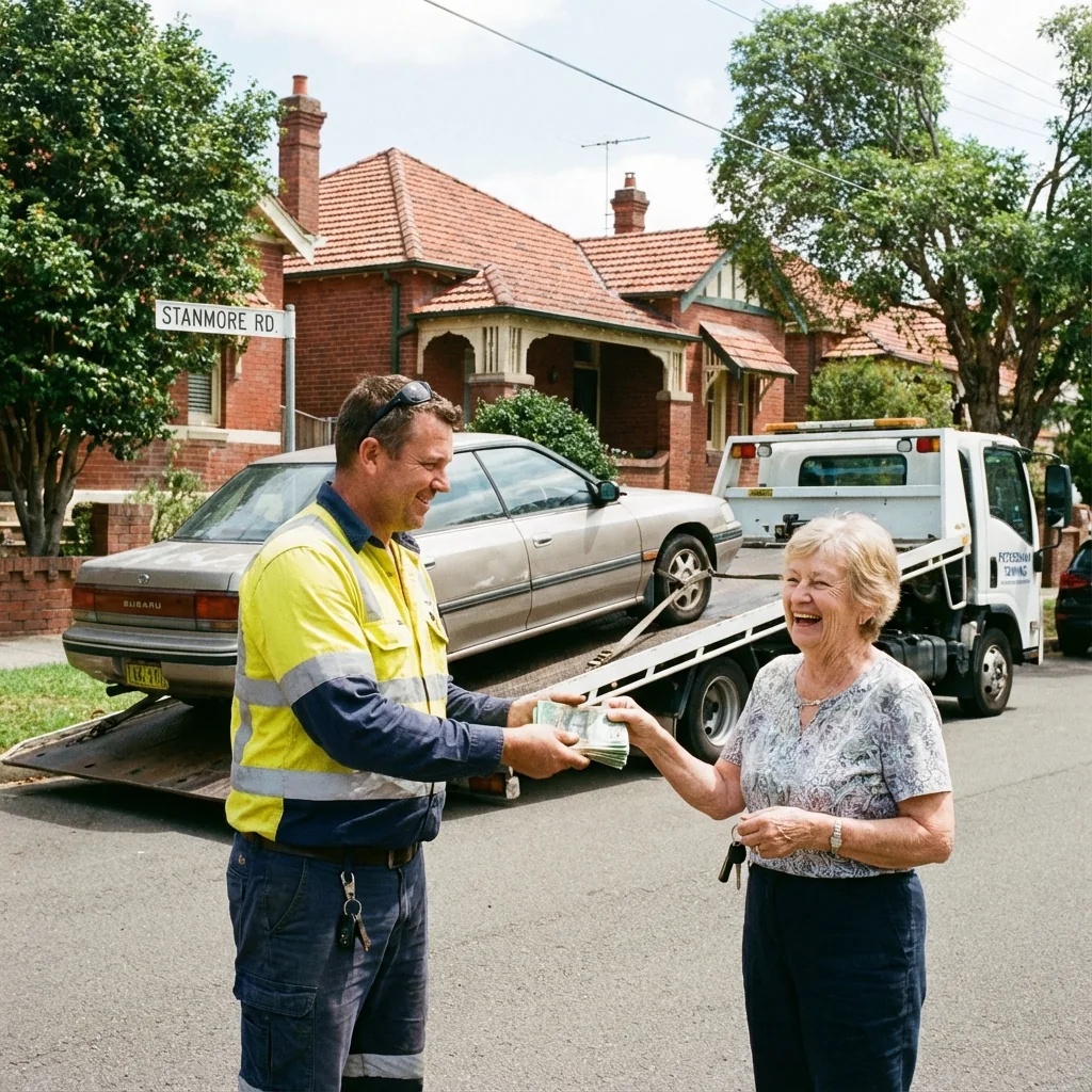 A friendly Majad Auto Wreckers tow truck driver handing cash to a smiling customer standing next to a car being loaded onto a tow truck on a residential street in Petersham, Sydney.