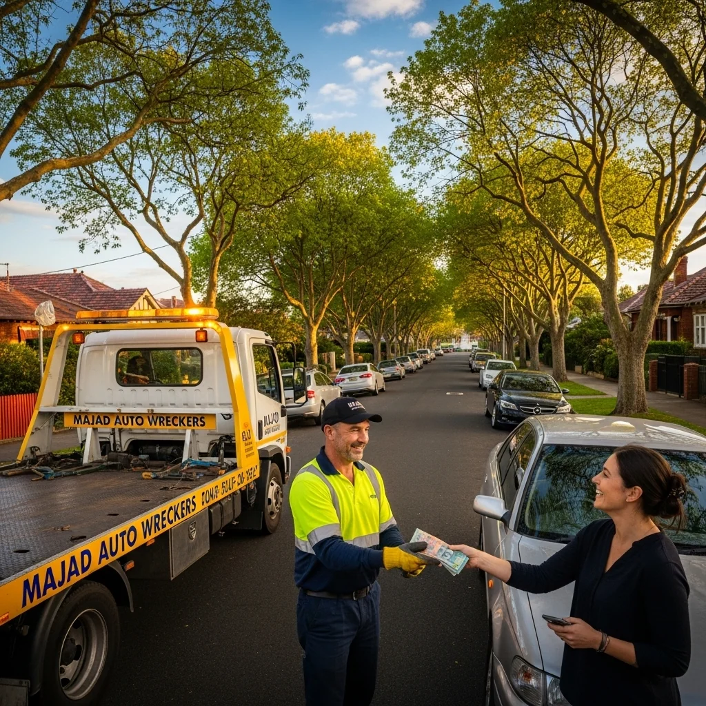 Majad Auto Wreckers driver handing cash to a customer during a car removal in Putney.