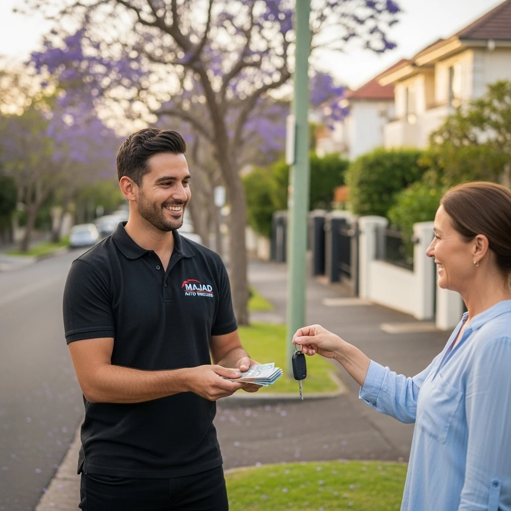 A professional tow truck driver handing cash to a happy customer in Rose Bay North in front of a tow truck.