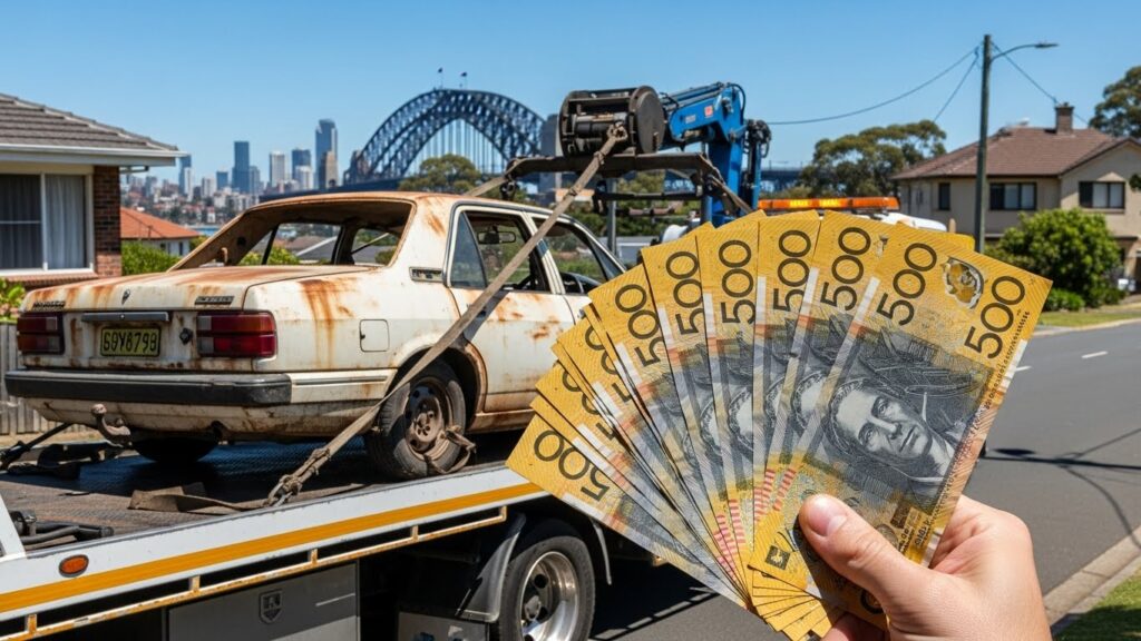 A tow truck picking up a rusted junk car in a Sydney street while a hand holds Australian cash in the foreground.
