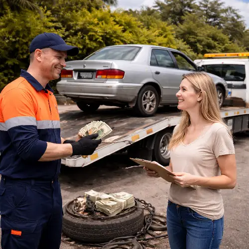 Majad Auto Wreckers tow truck picking up an unwanted car in Watsons Bay, with cash being exchanged to a happy customer.