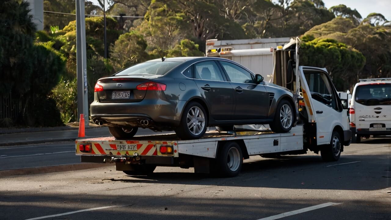 Damaged car being removed by a tow truck in Sydney