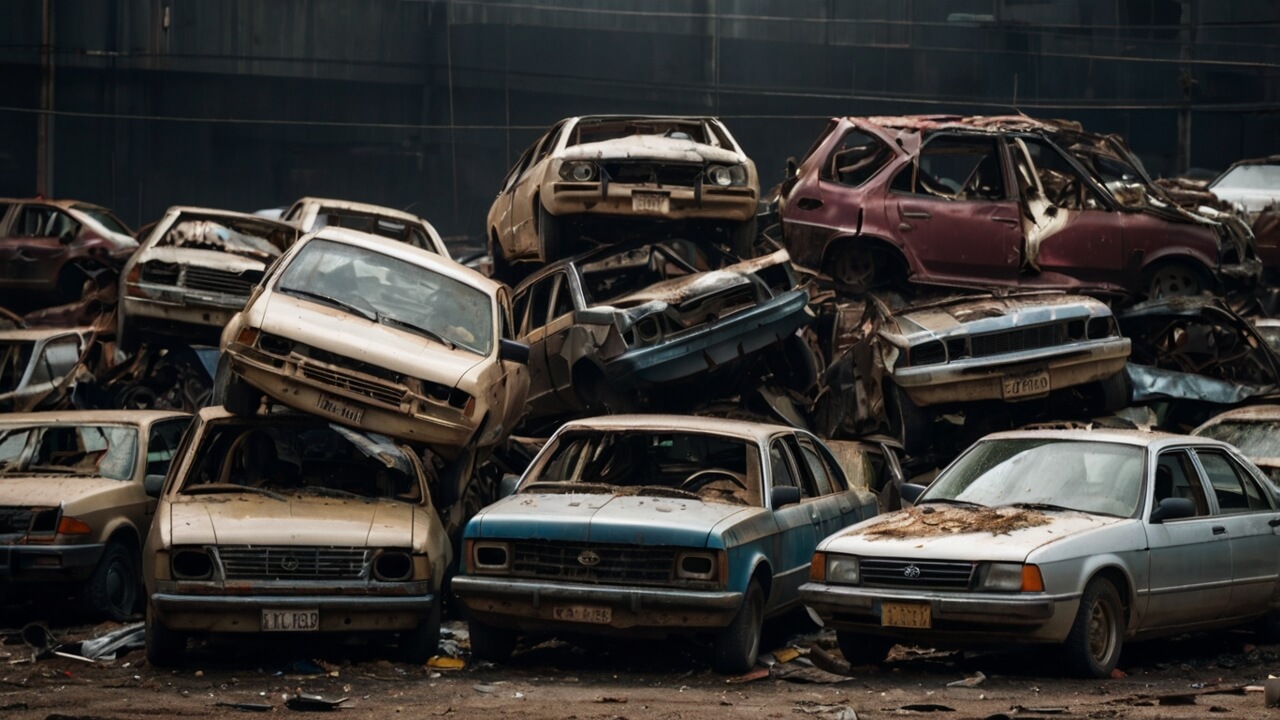 Damaged and scrap cars at a vehicle recycling yard