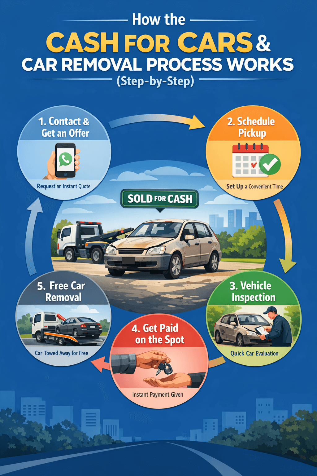 Infographic showing the step-by-step cash for cars process from quote to vehicle removal