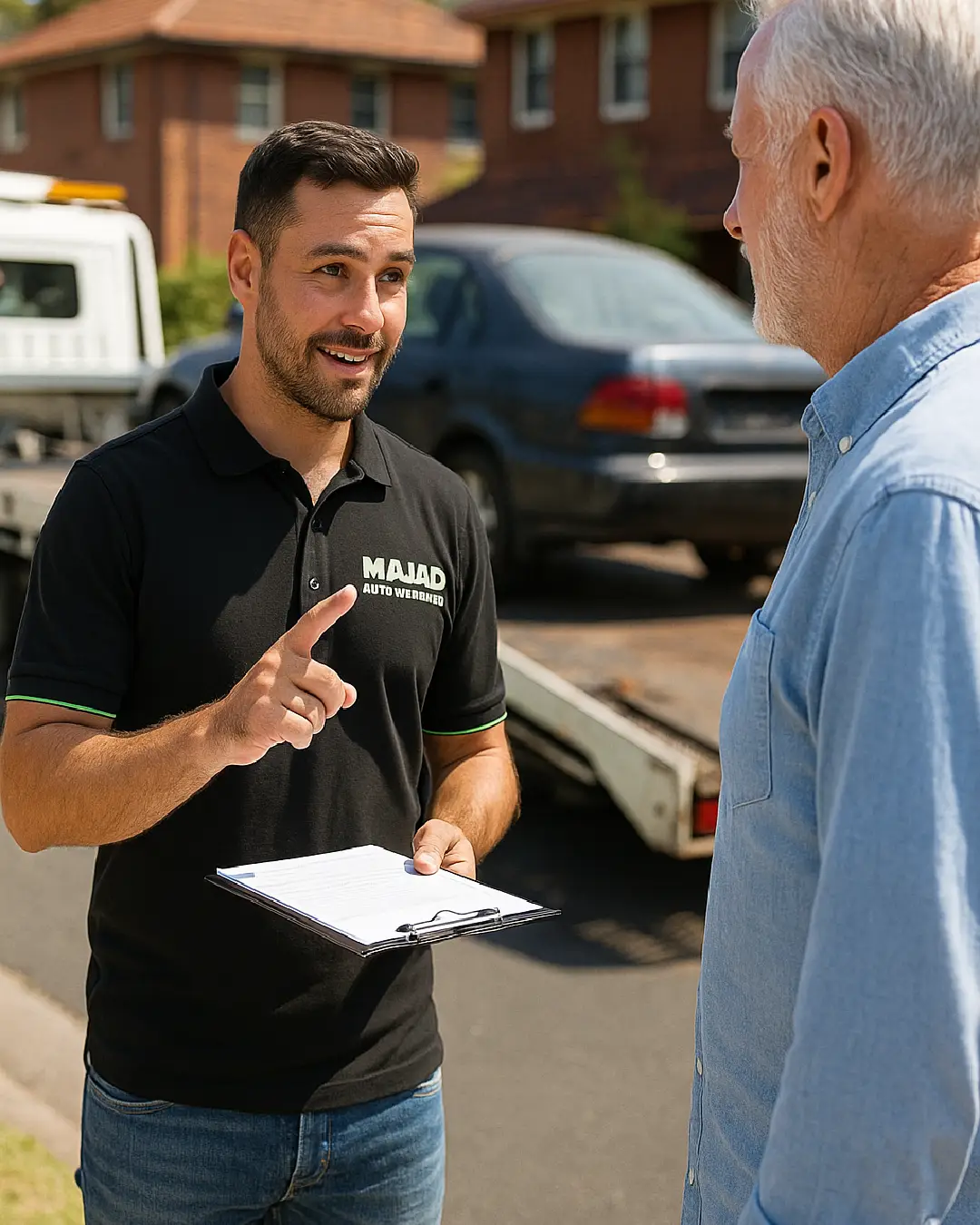 Cash for cars Mascot expert talking to a customer during vehicle inspection and car removal service.