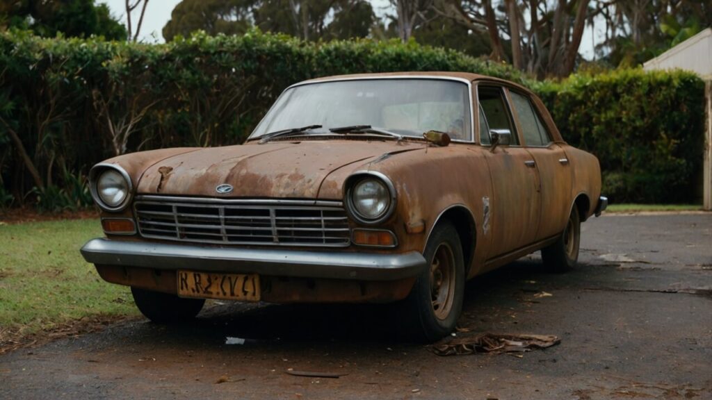 Old damaged car parked in a Sydney driveway before being scrapped