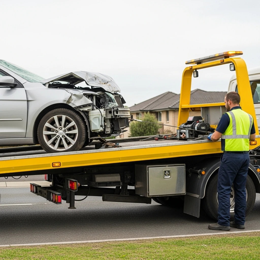 A damaged and old sedan being loaded onto a tow truck with a scenic coastal background.