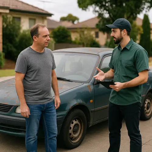 Two men standing beside an old, rusty sedan discussing a potential car sale in a suburban neighborhood