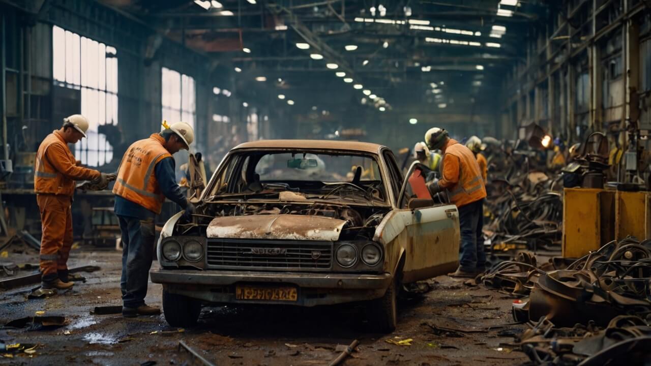 Scrap car being dismantled in a recycling facility