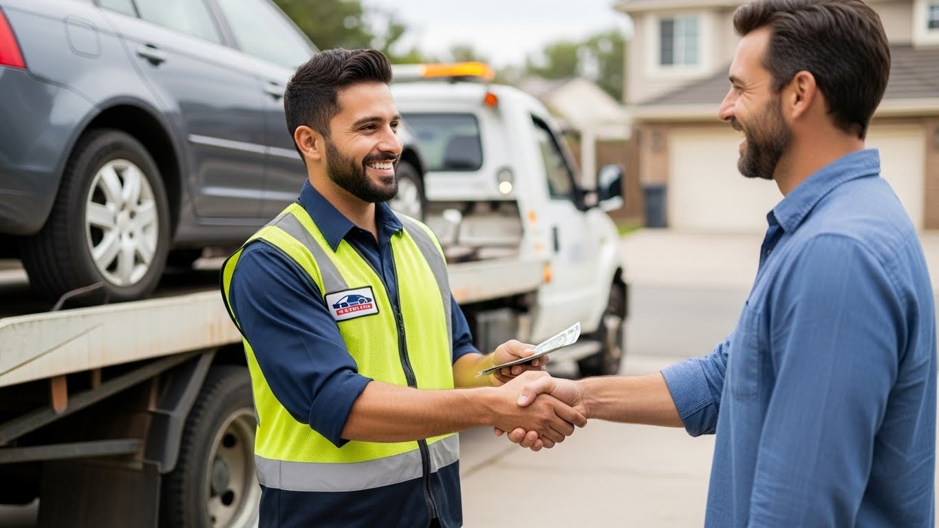 A professional tow truck driver handing cash to a smiling customer after loading their junk car onto the truck.