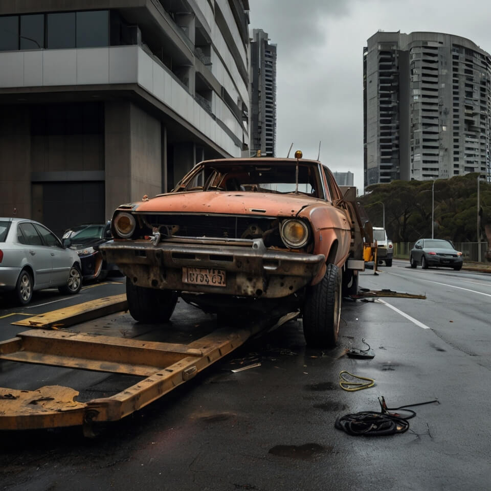Wrecked car being towed in Sydney