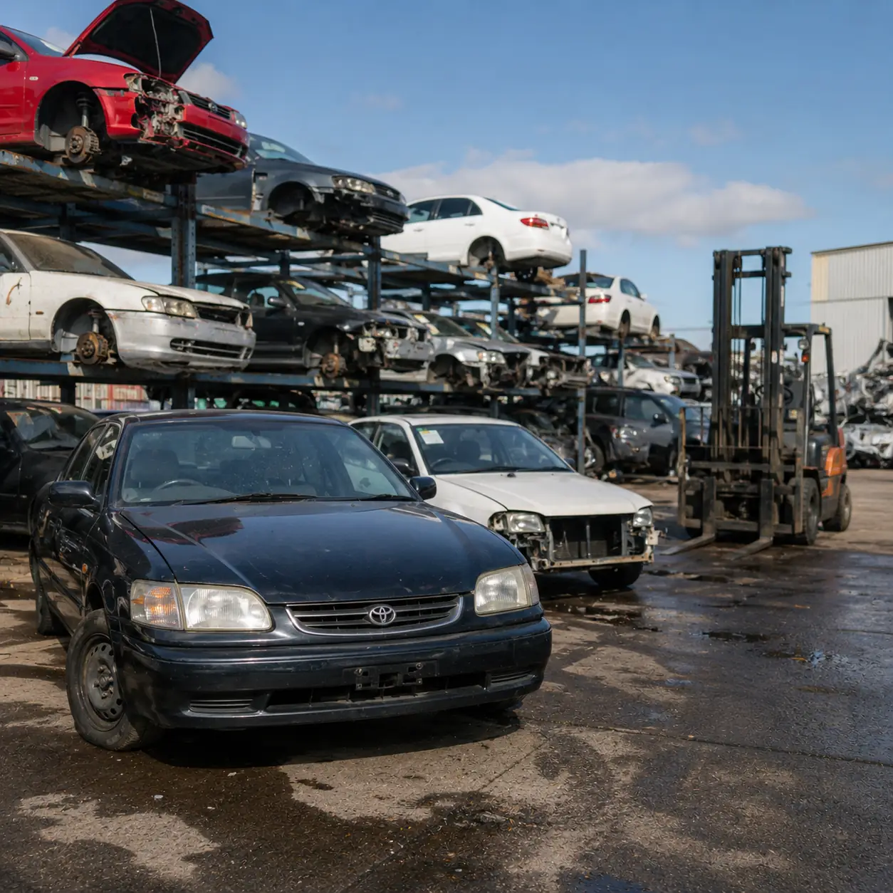 Old damaged and non-running vehicles prepared for auto wrecking